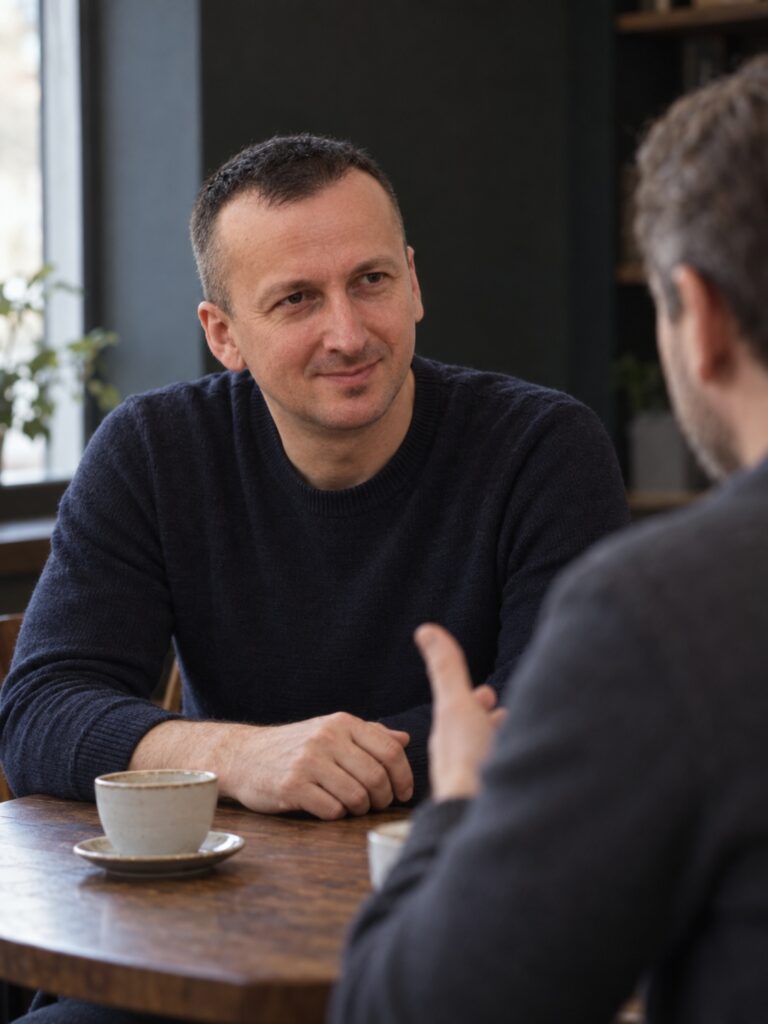 Emin Medic listening across a café table while the person opposite him talks